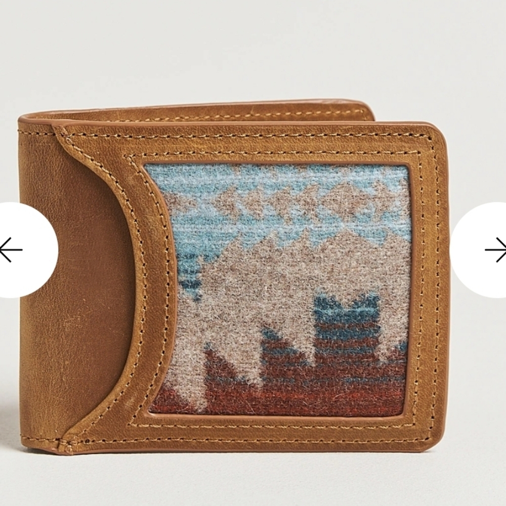 Pendleton Tan Leather Bifold Wallet with Blue and Rust Wool Inlay